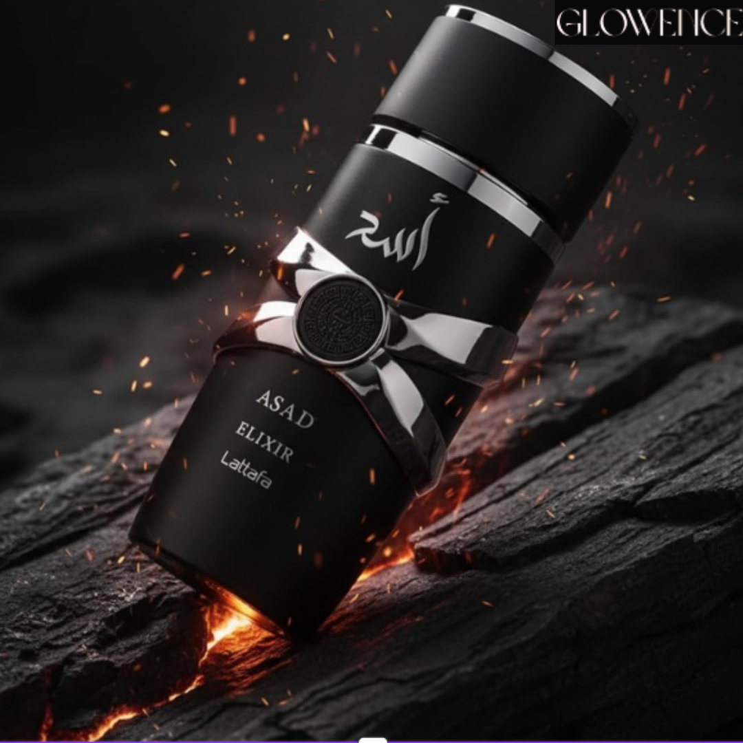 Lattafa Asad Elixir men's perfume 100ml angled bottle view