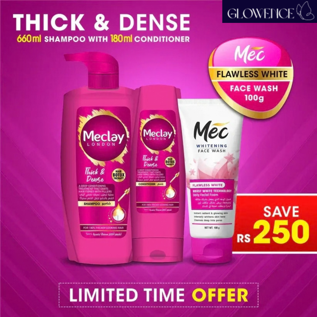 Meclay London Thick & Dense Shampoo Conditioner and Mec Flawless White Face Wash Combo